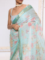 Handwoven Aqua Blue Printed Saree