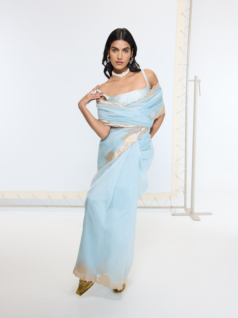 Handwoven Icy Blue Saree