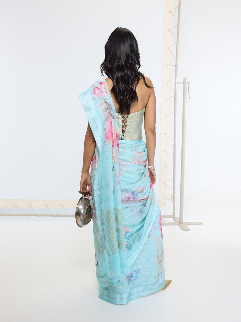 Handwoven Baby Blue Printed Saree