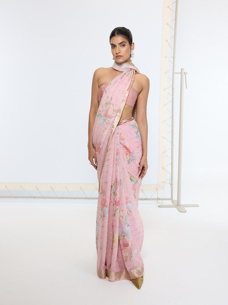 Handwoven Ballet Pink Printed Saree