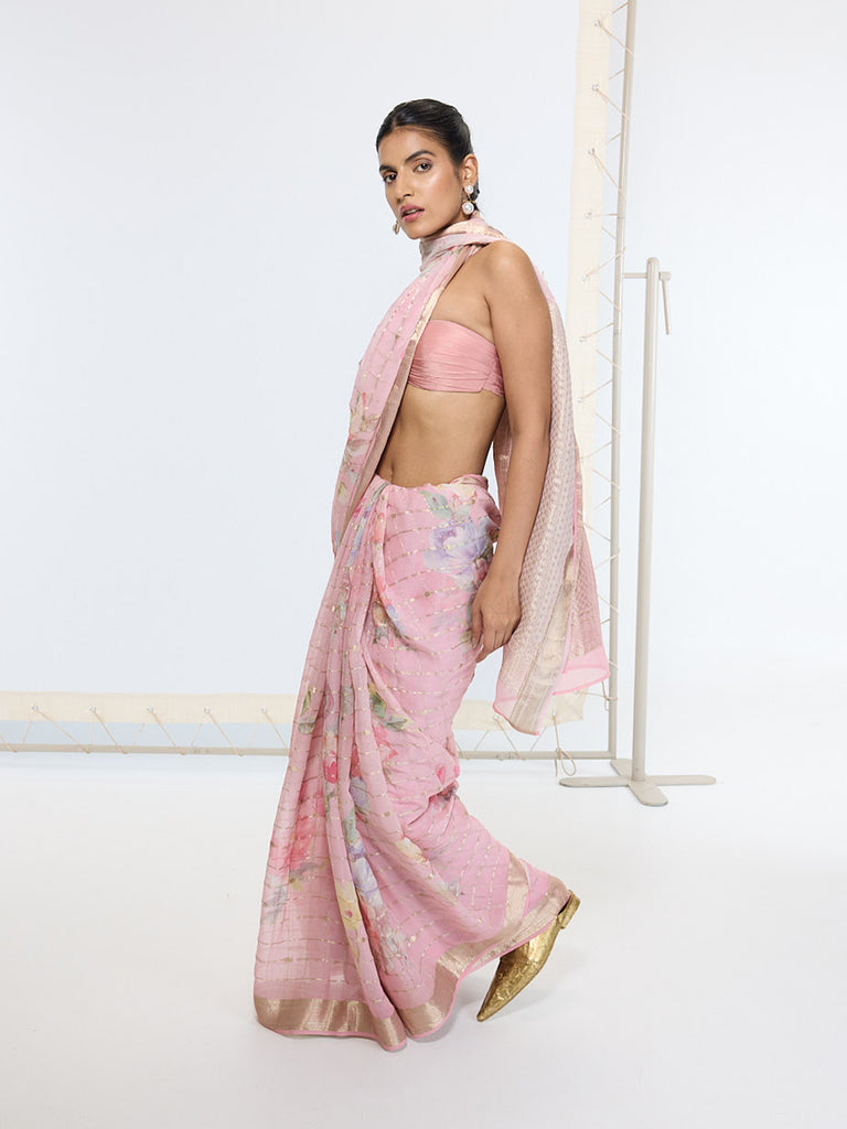 Handwoven Ballet Pink Printed Saree