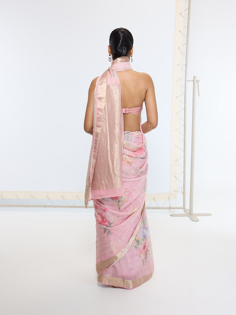 Handwoven Ballet Pink Printed Saree