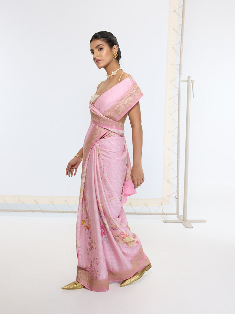Handwoven Candy Pink Printed Saree