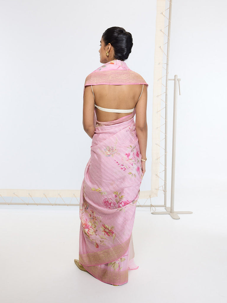 Handwoven Candy Pink Printed Saree