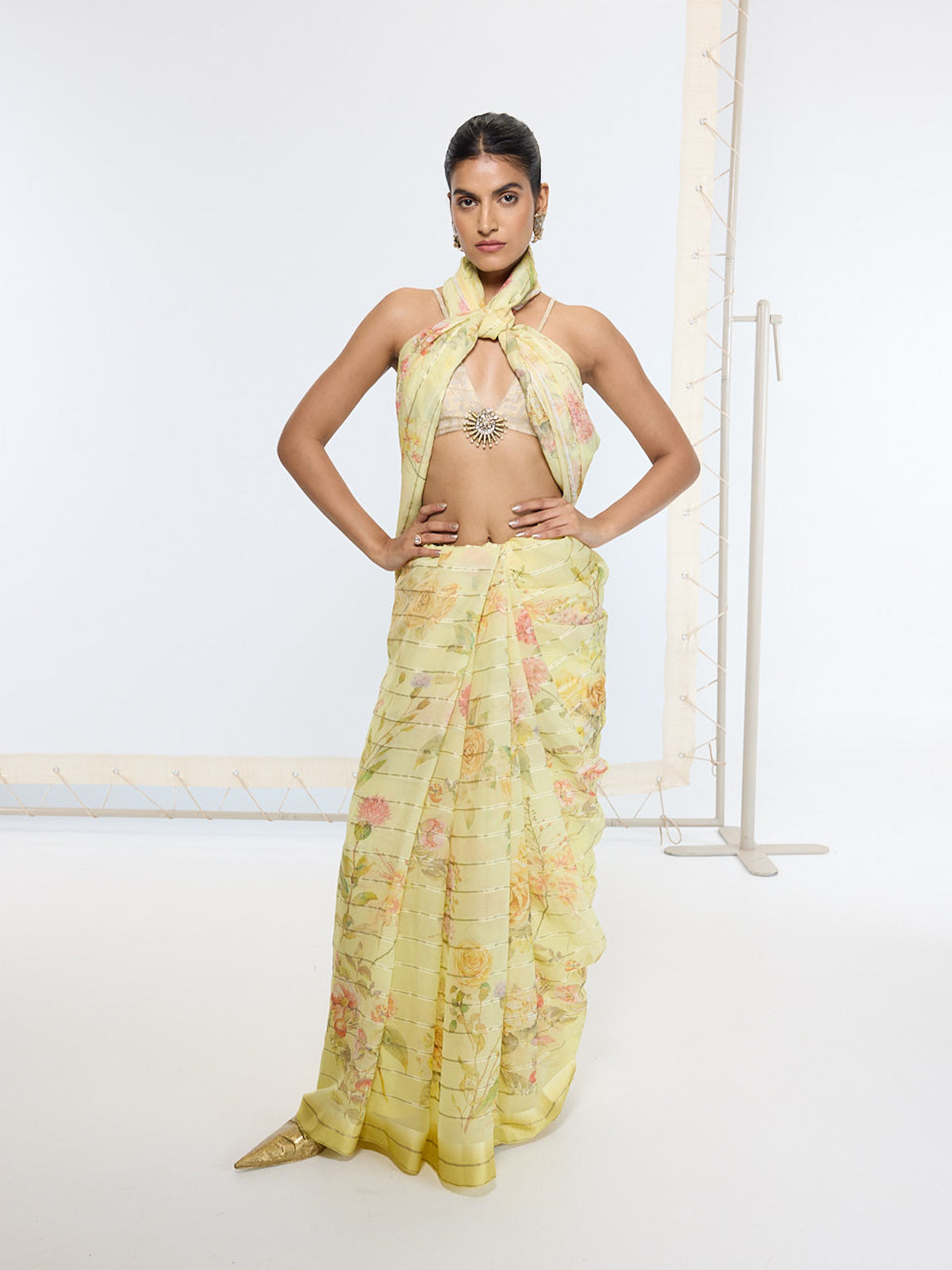 Handwoven Banana Cream Printed Saree
