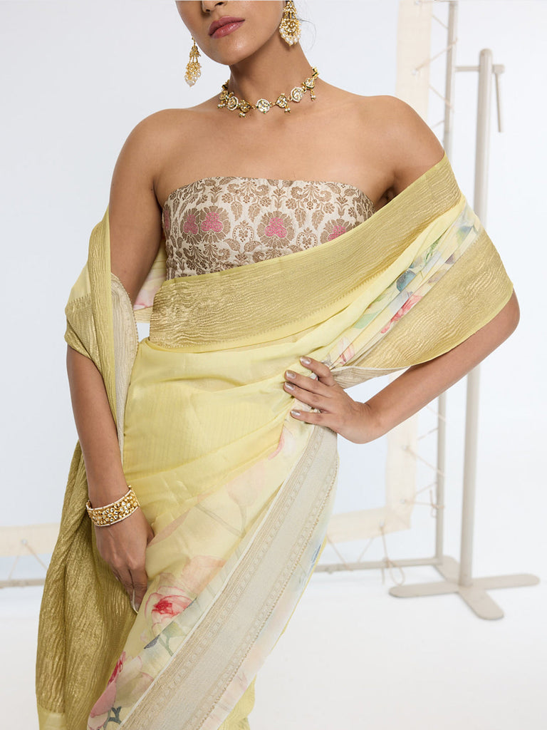 Handwoven Pastel Yellow Printed Saree