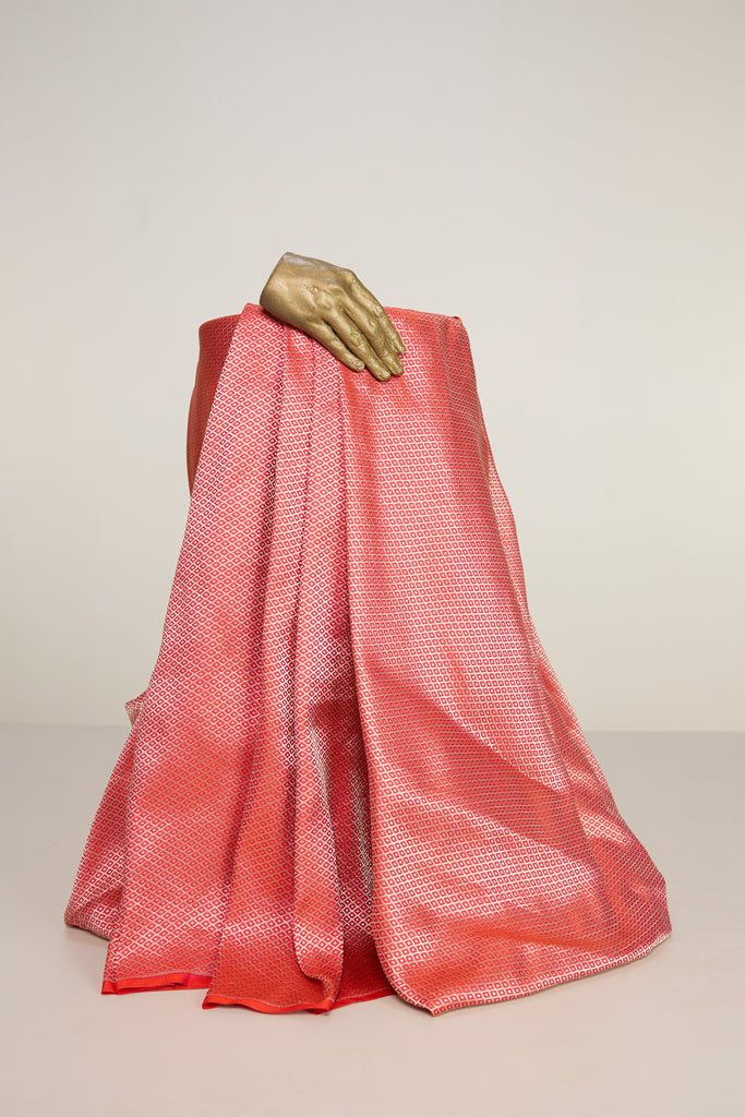 Handwoven Salmon Pink Banarasi Silk Fabric