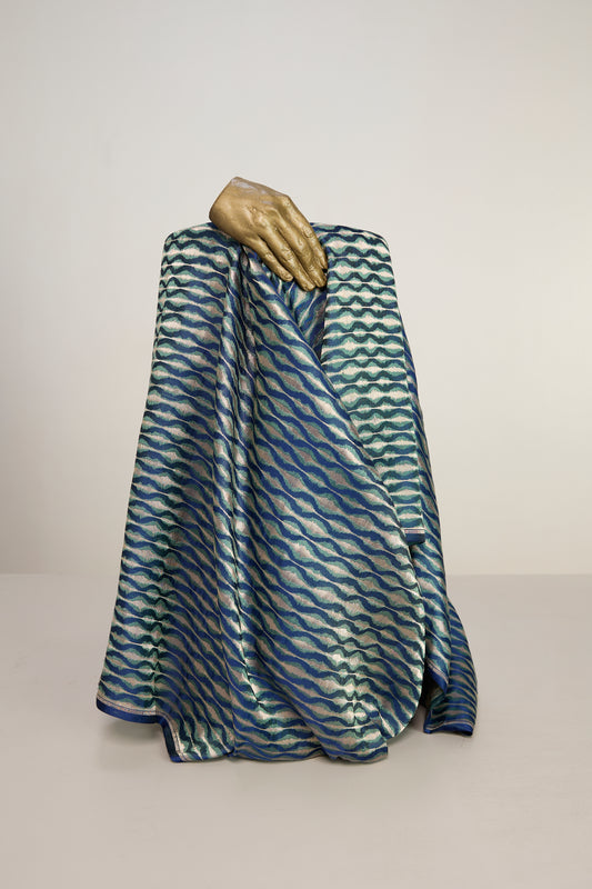 Handwoven Prussian Blue Banarasi Satin Fabric