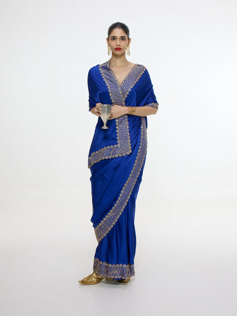 Handwoven Marine Blue Mashroo Silk Saree with Embroidered Border