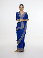 Handwoven Marine Blue Mashroo Silk Saree with Embroidered Border