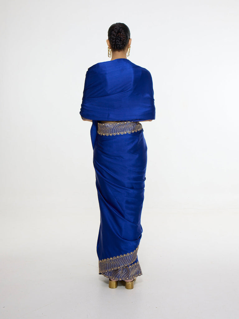 Handwoven Marine Blue Mashroo Silk Saree with Embroidered Border