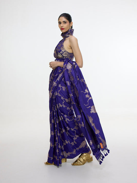Handwoven Indigo Blue Mashroo Silk Saree