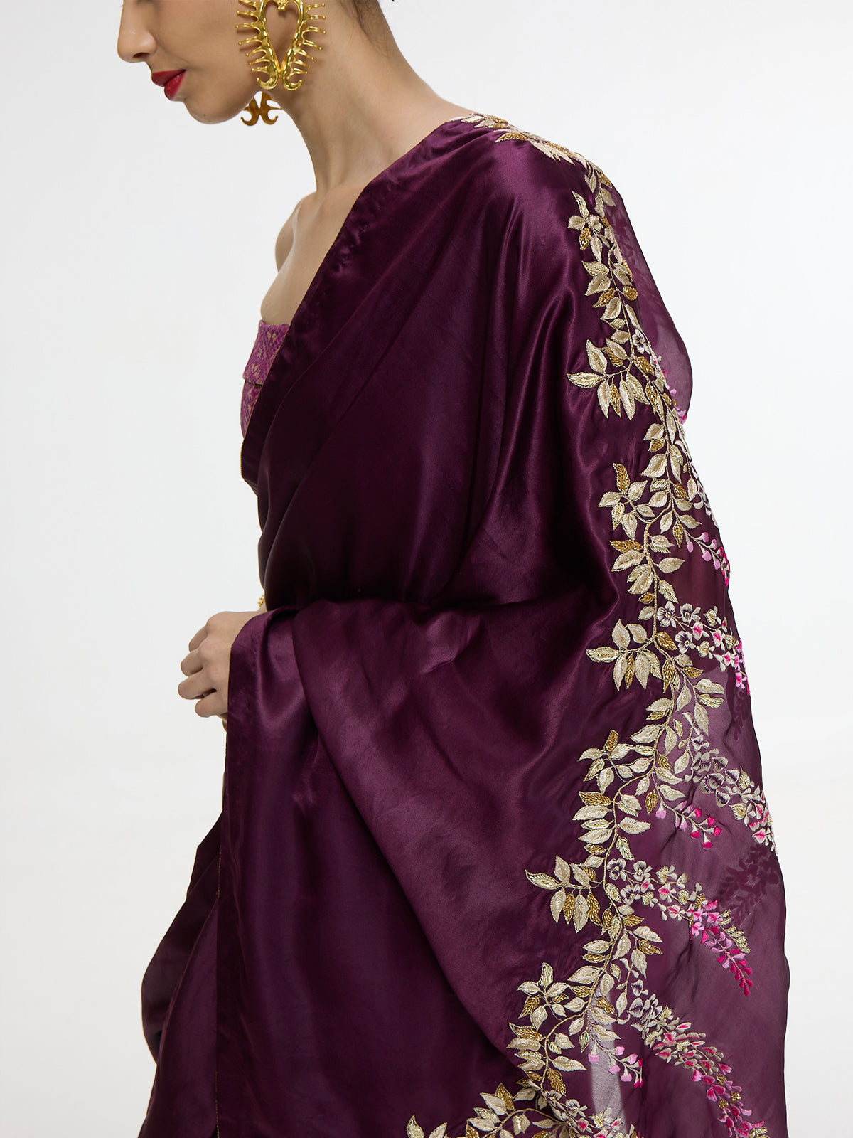 Handwoven Maroon Saree With Embroidered Panel