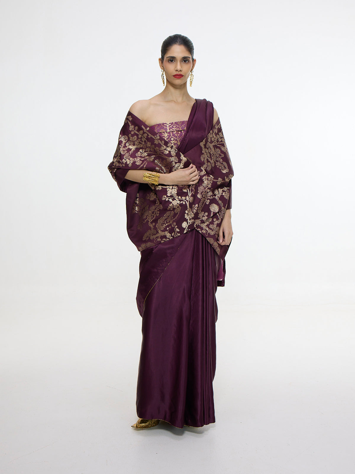 Handwoven Maroon Saree With Embroidered Panel