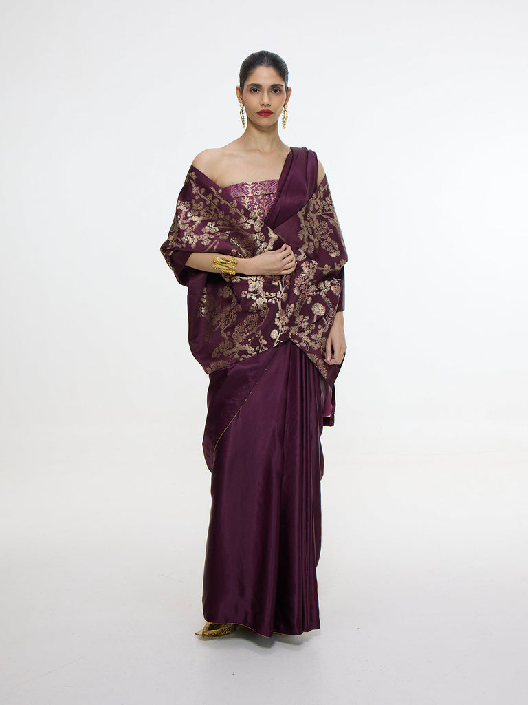 Handwoven Maroon Saree With Embroidered Panel