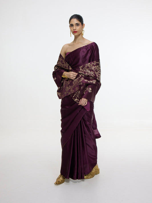 Handwoven Maroon Saree With Embroidered Panel