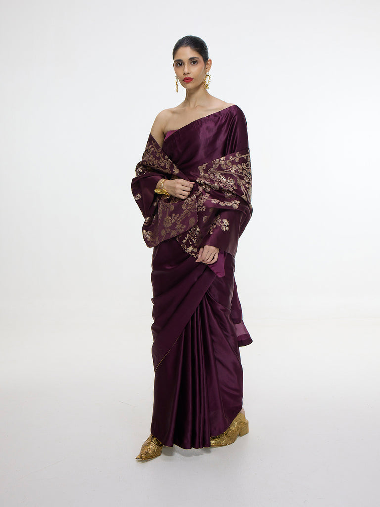 Handwoven Maroon Saree With Embroidered Panel