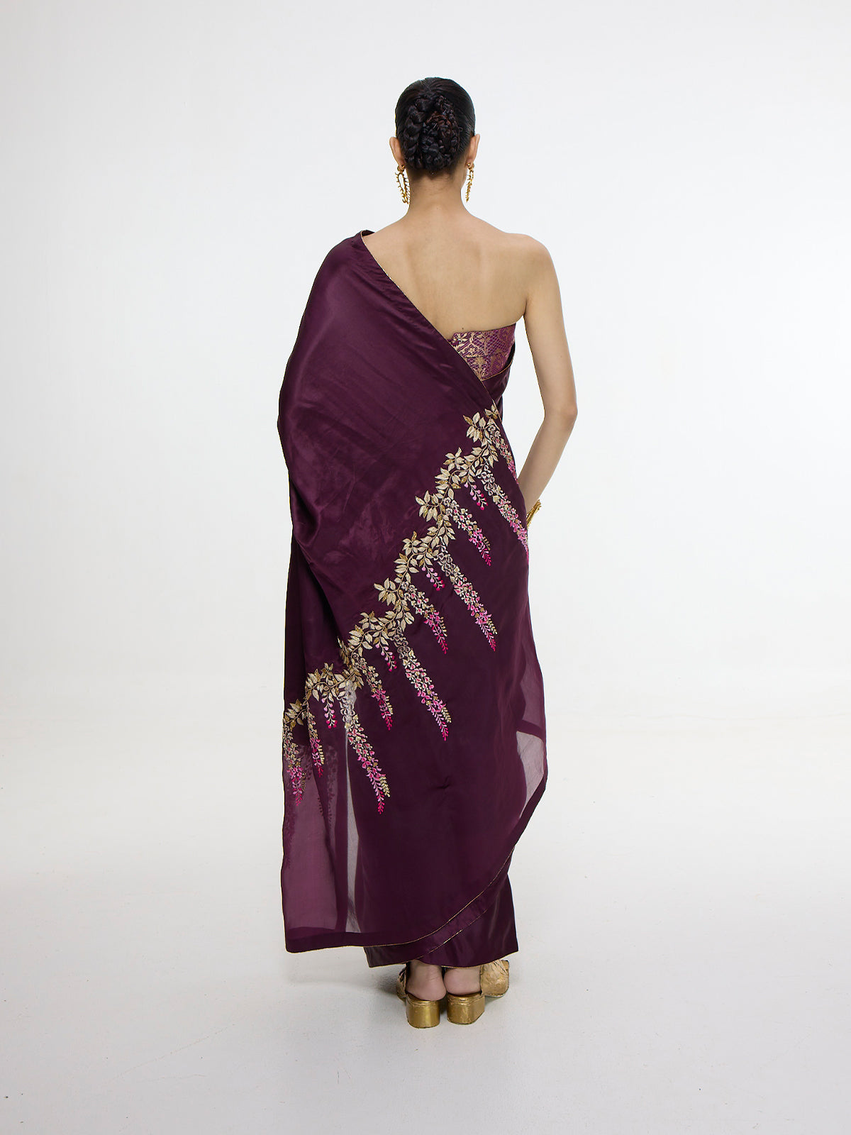 Handwoven Maroon Saree With Embroidered Panel