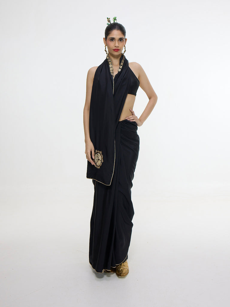 Handwoven Black Mashroo Silk Saree With Gold Button Detailing