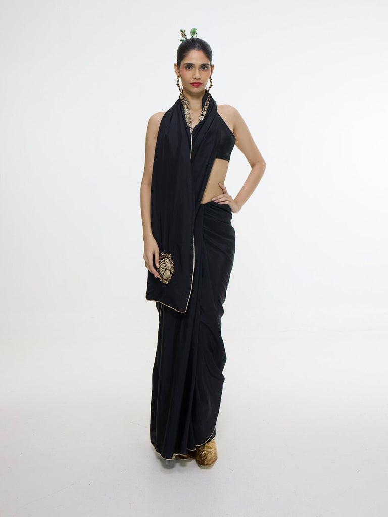 Handwoven Black Mashroo Silk Saree With Gold Button Detailing