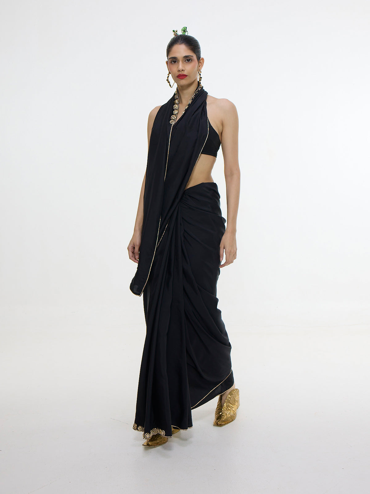 Handwoven Black Mashroo Silk Saree With Gold Button Detailing