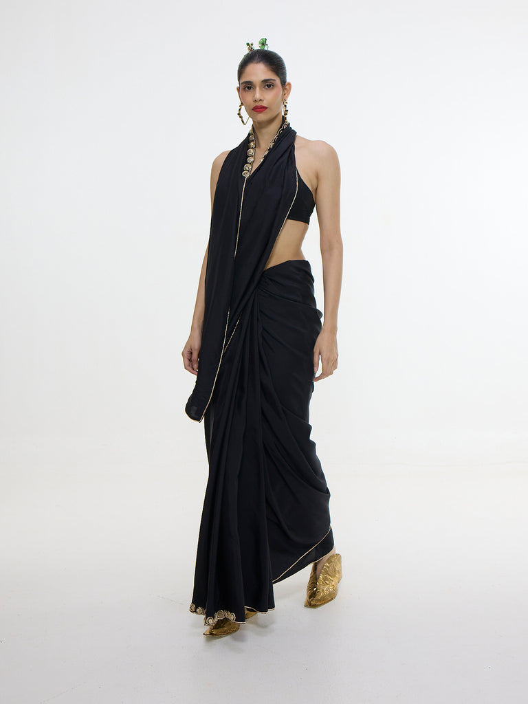 Handwoven Black Mashroo Silk Saree With Gold Button Detailing