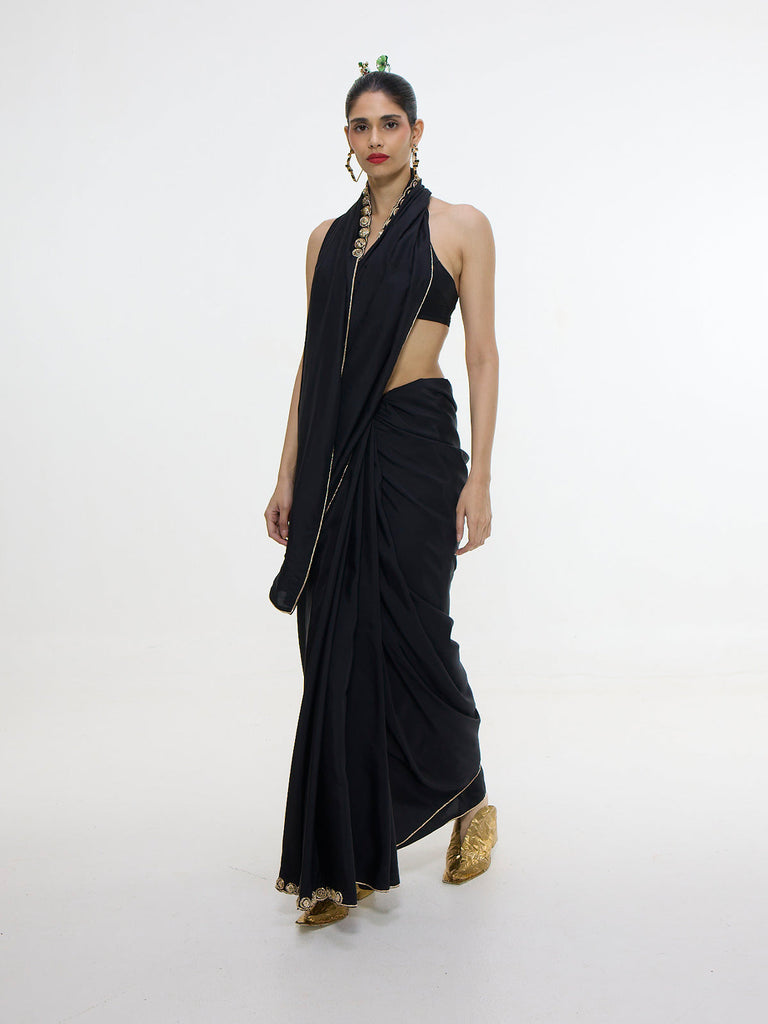 Handwoven Black Mashroo Silk Saree With Gold Button Detailing