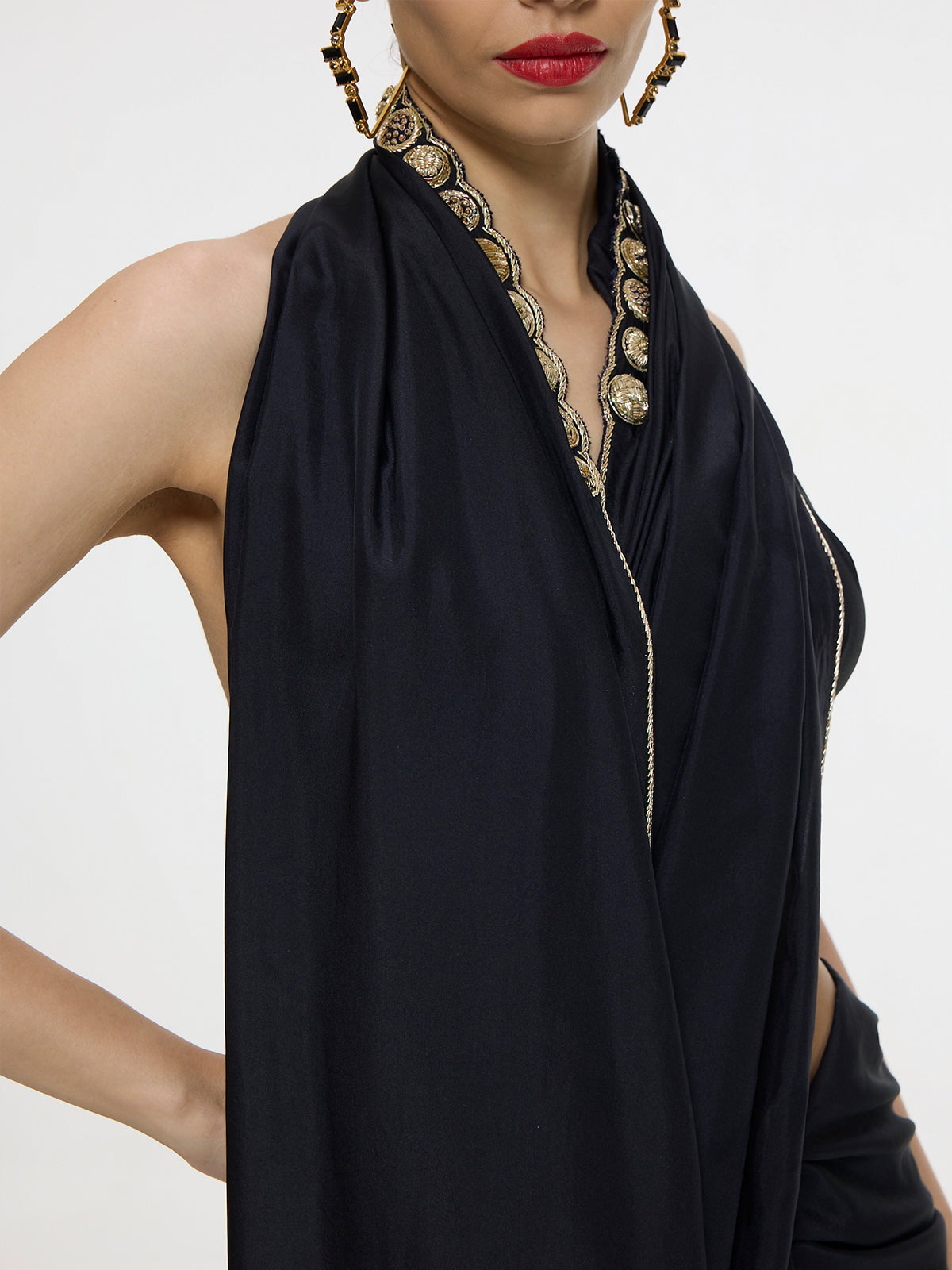 Handwoven Black Mashroo Silk Saree With Gold Button Detailing