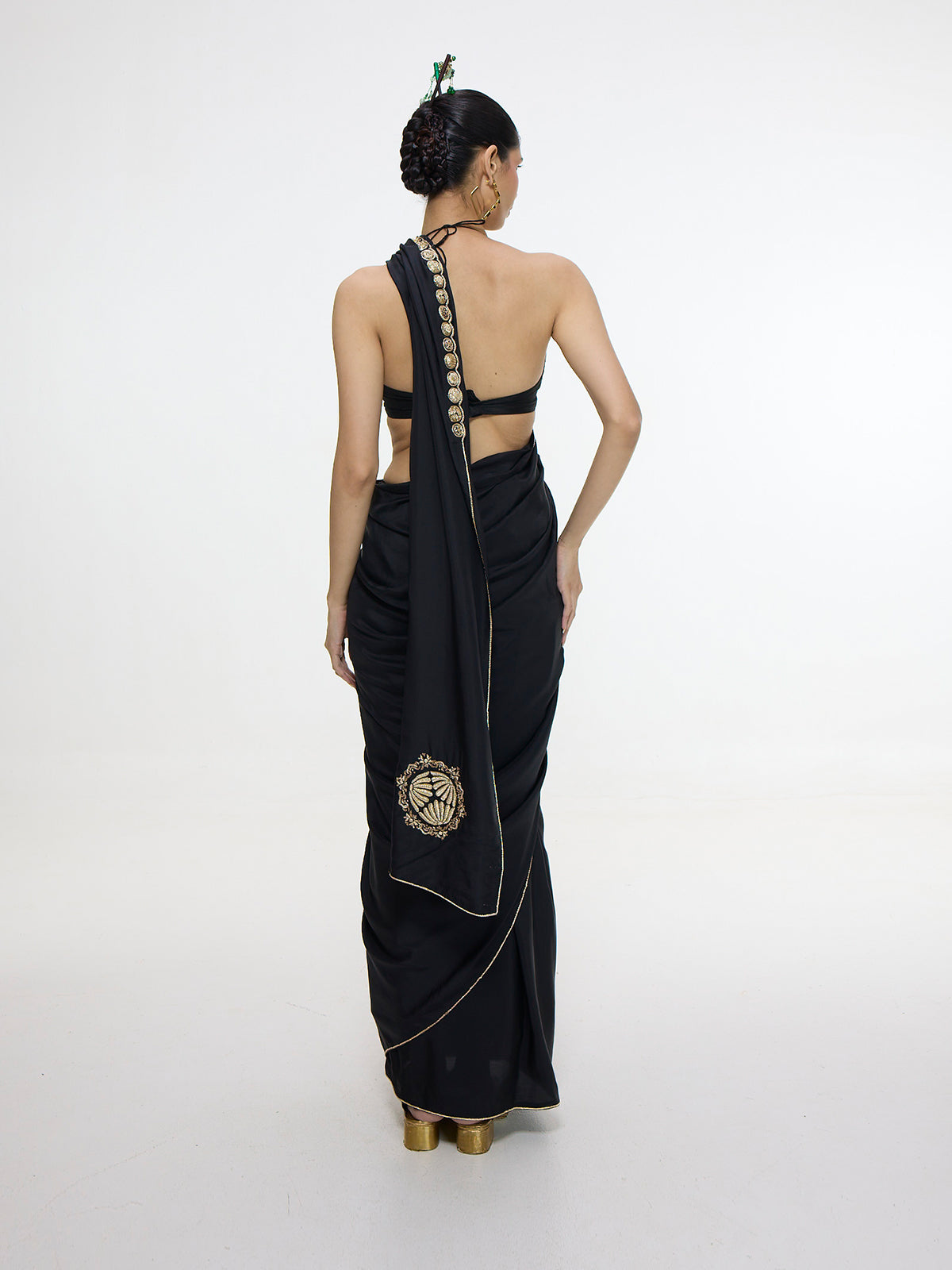 Handwoven Black Mashroo Silk Saree With Gold Button Detailing
