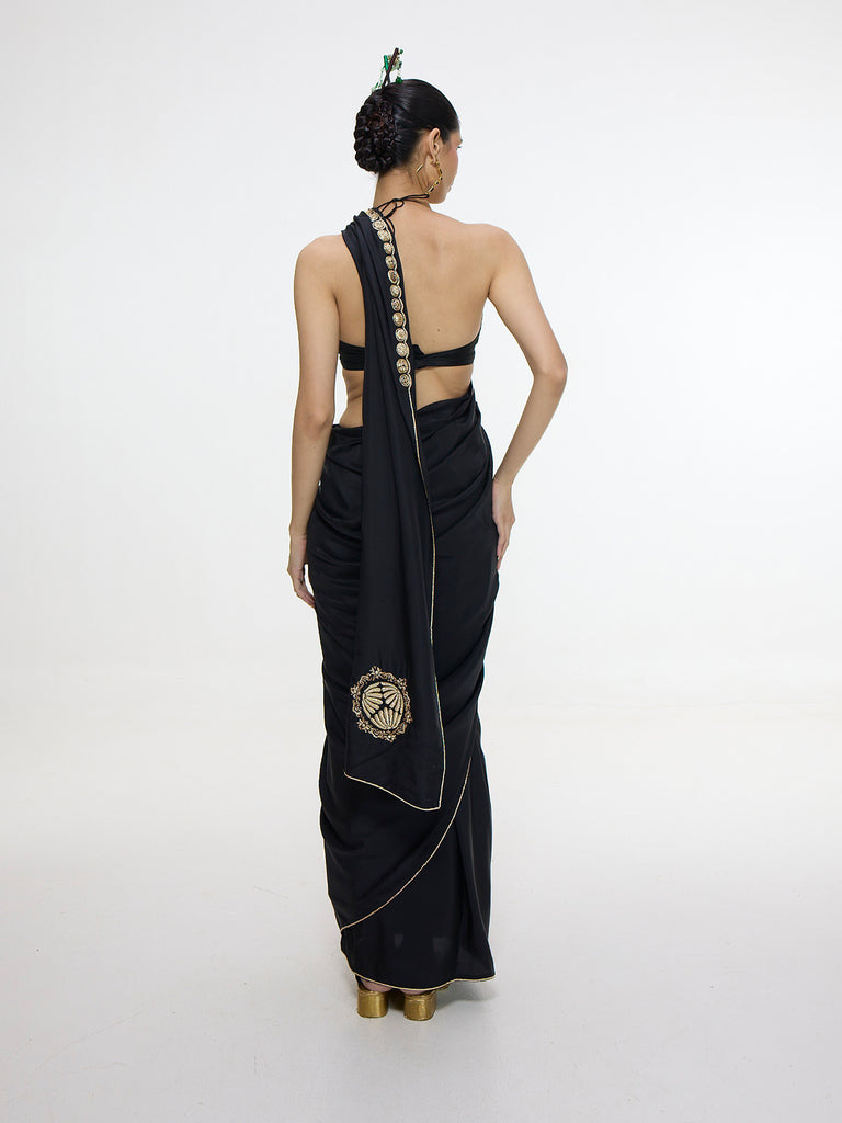 Handwoven Black Mashroo Silk Saree With Gold Button Detailing