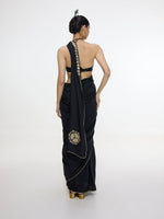 Handwoven Black Mashroo Silk Saree With Gold Button Detailing