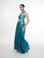 Handwoven Coral Blue Saree