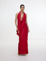 Handwoven Embroidered Vermillion Saree With Gold Button Detailing