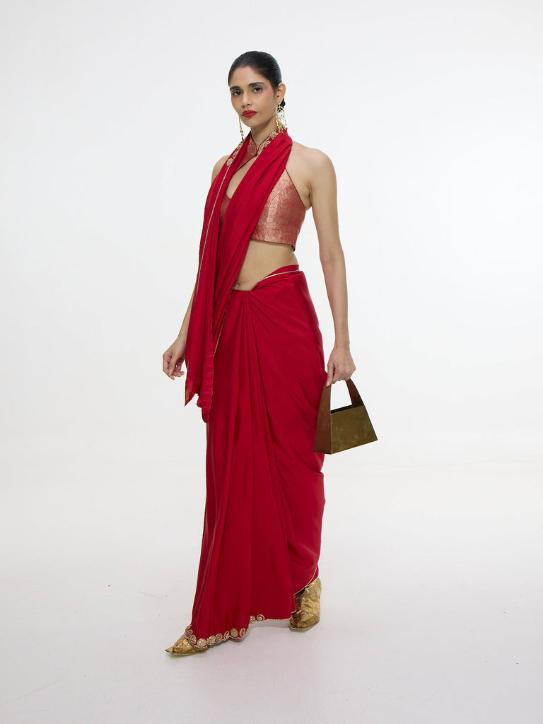 Handwoven Embroidered Vermillion Saree With Gold Button Detailing