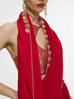 Handwoven Embroidered Vermillion Saree With Gold Button Detailing