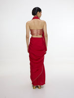 Handwoven Embroidered Vermillion Saree With Gold Button Detailing