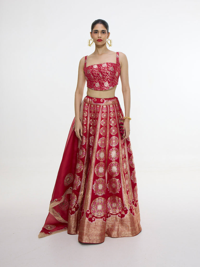 Handwoven Ruby Red Lehenga Set