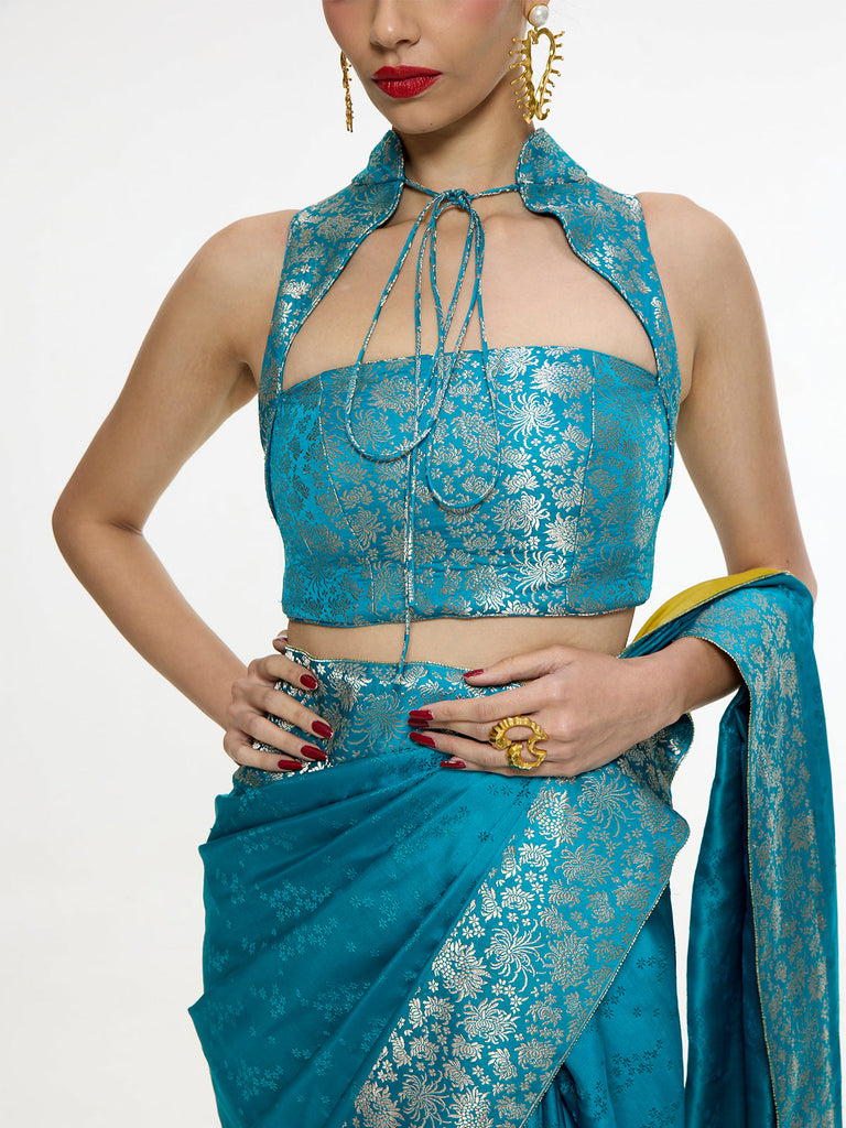 Handwoven Coral Blue Saree