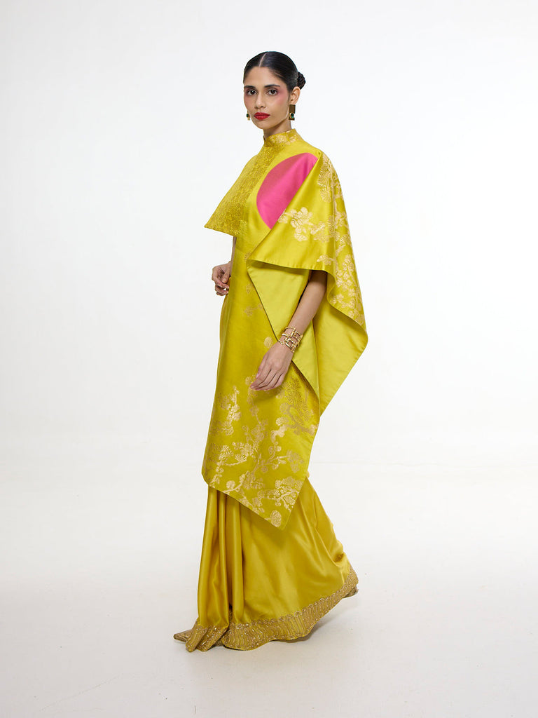 Handwoven Yellow Mashroo Silk Saree With Embroidered Border