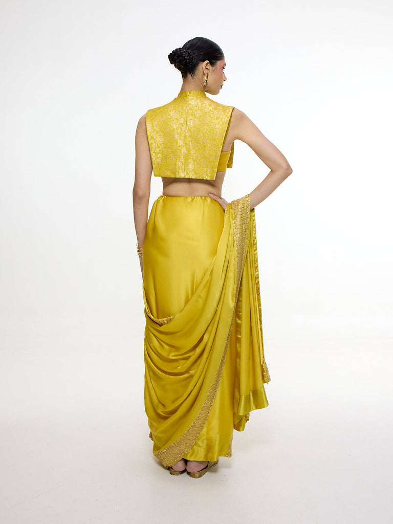 Handwoven Yellow Mashroo Silk Saree With Embroidered Border