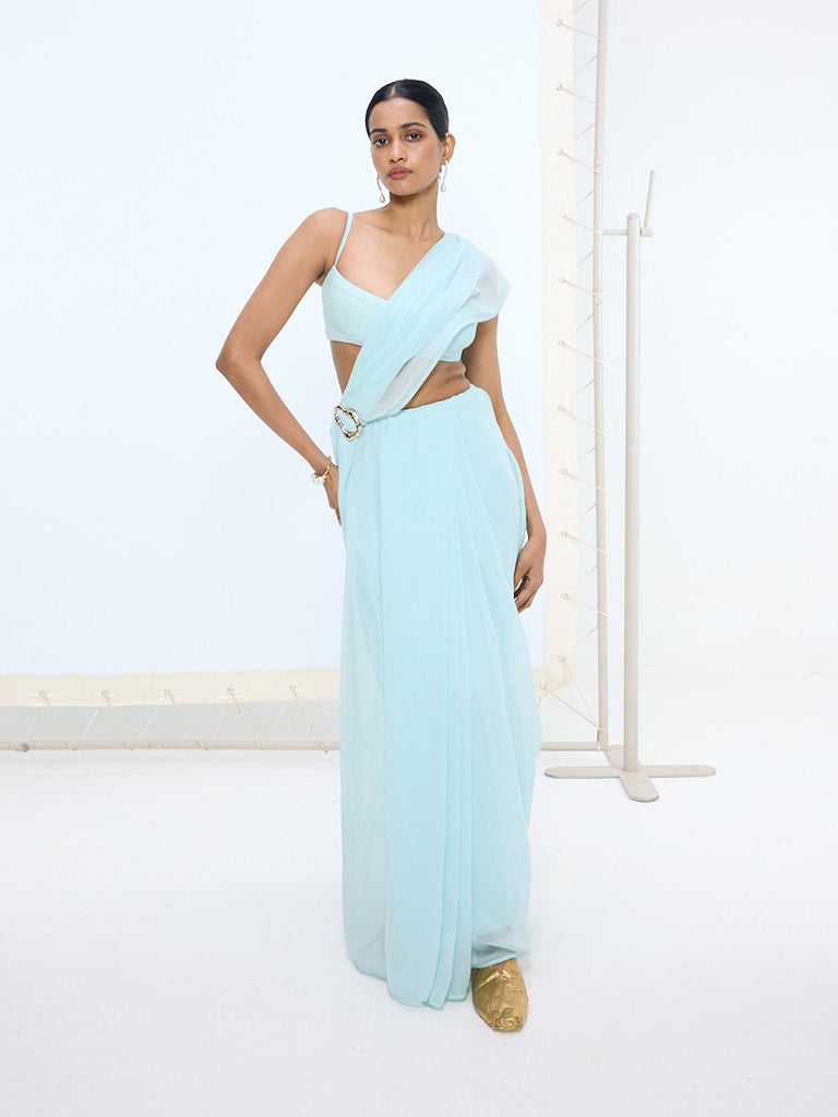 Ice-blue Brooch Saree