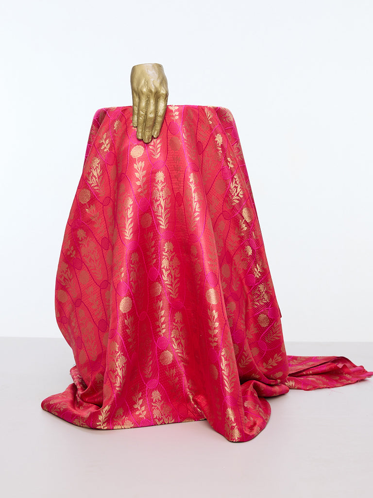 Handwoven Ruby Red Cutwork Banarasi Fabric