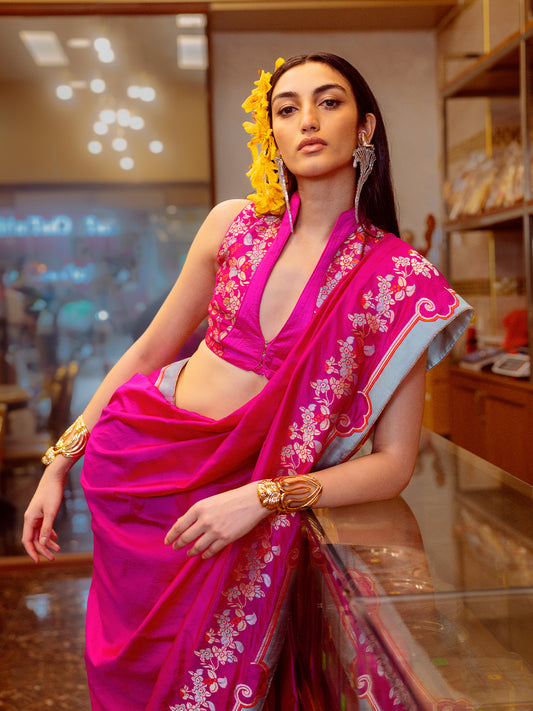 Handwoven Fuschia Mashroo Silk Saree