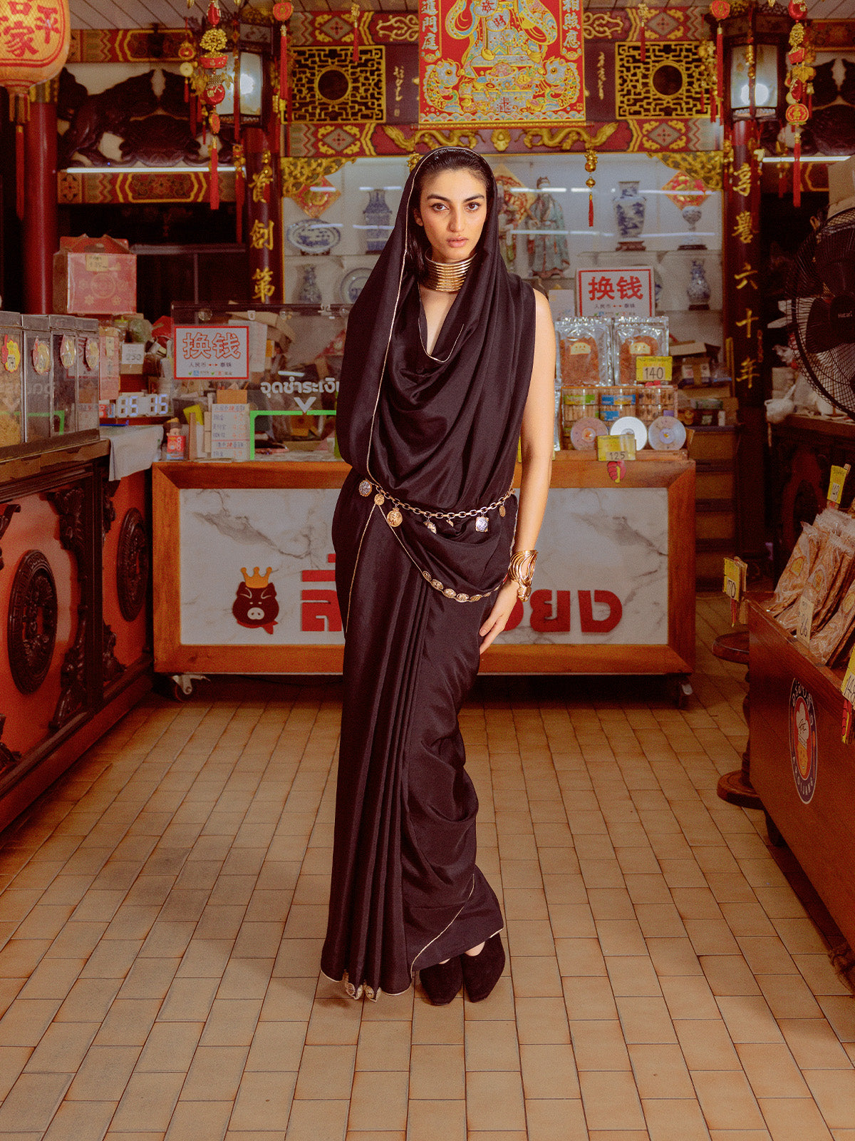 Handwoven Black Mashroo Silk Saree With Gold Button Detailing