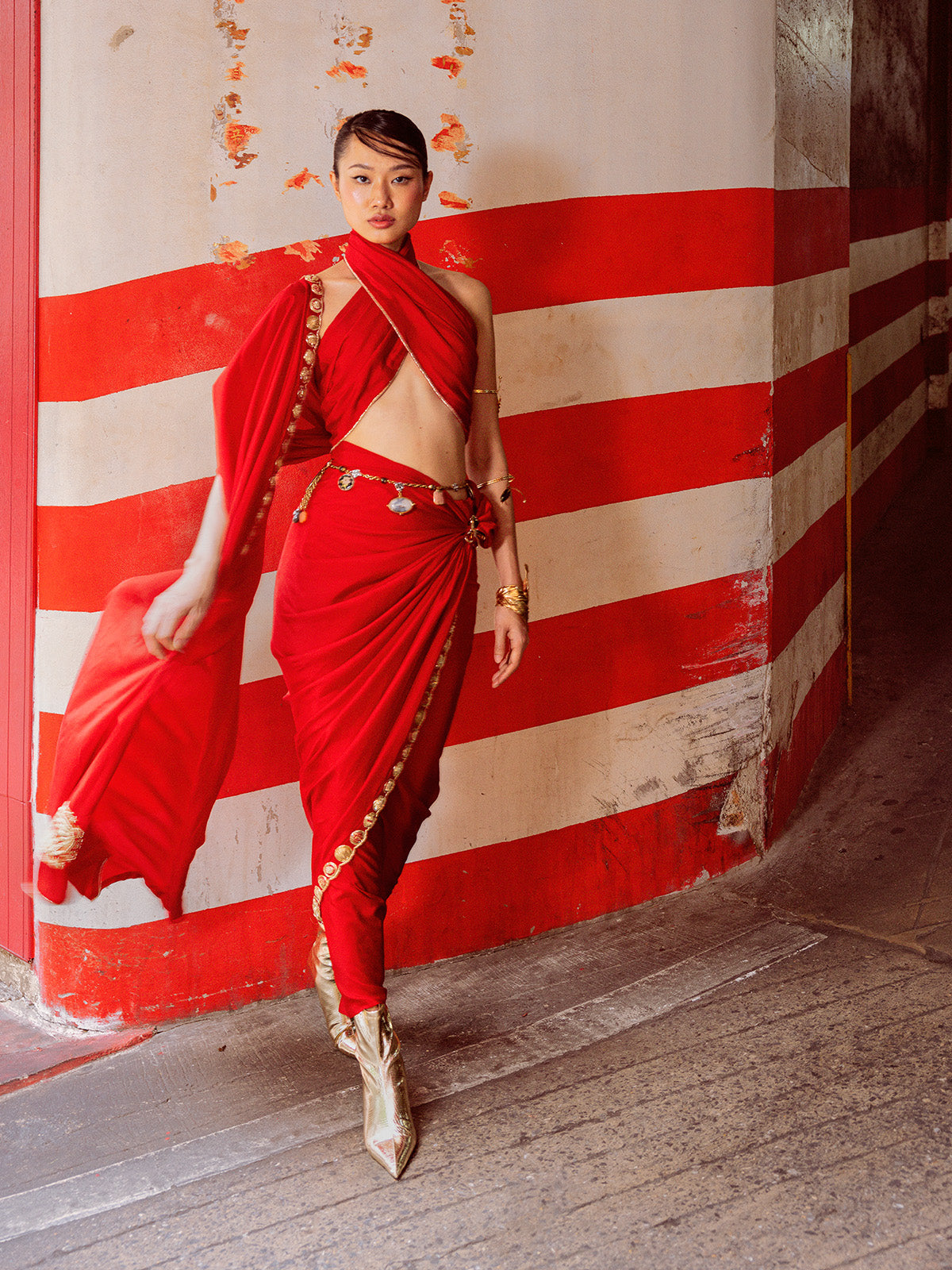 Handwoven Embroidered Vermillion Saree With Gold Button Detailing
