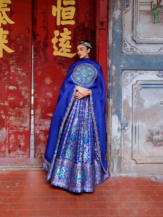 Handwoven Electric Blue Silk Lehenga Set