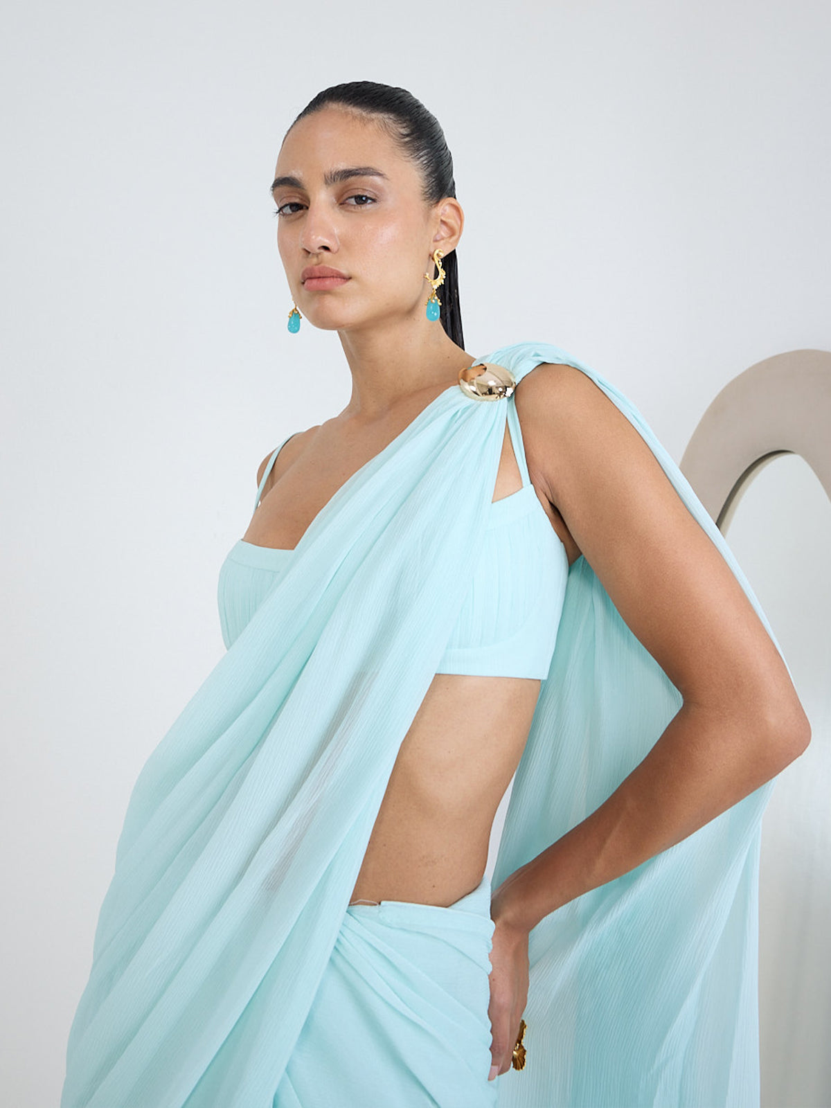 Ice Blue Movable Brooch Saree