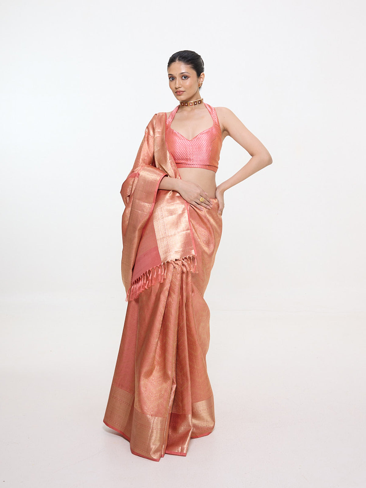 Handwoven Salmon-Pink Silk Kanjivaram Saree