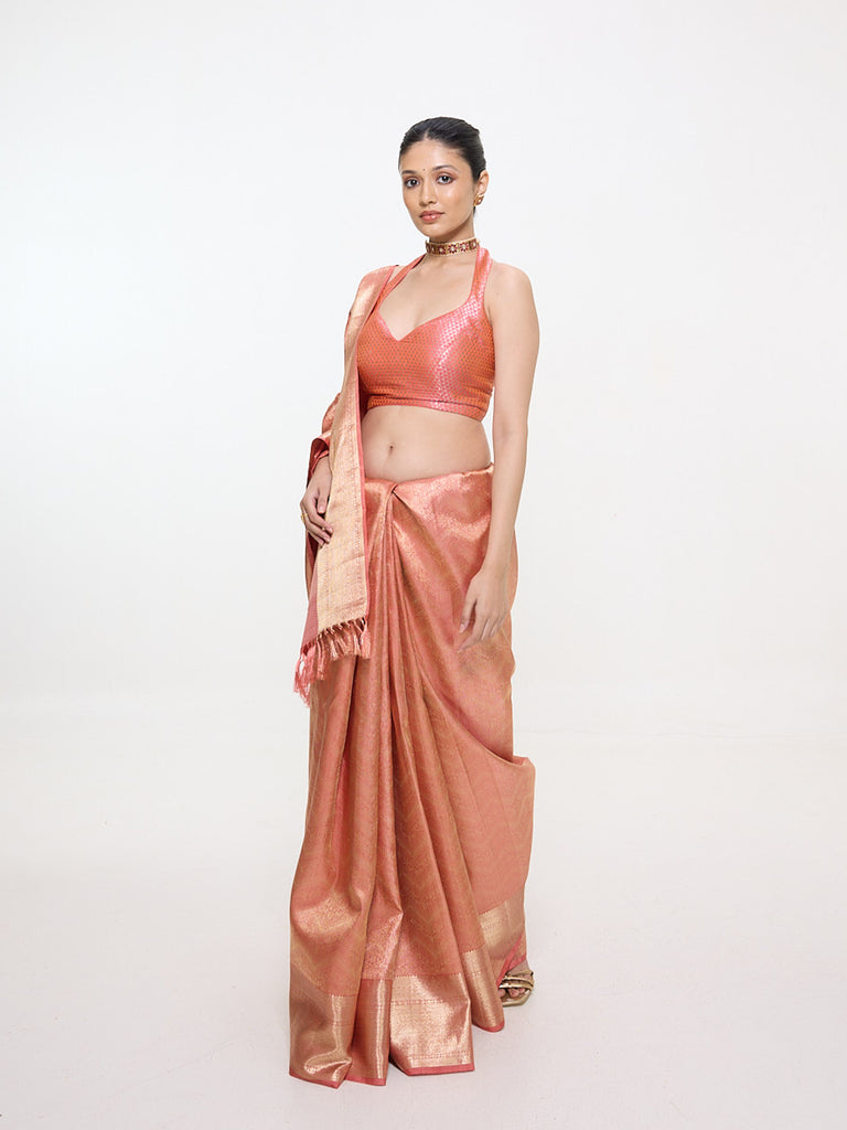 Handwoven Salmon-Pink Silk Kanjivaram Saree