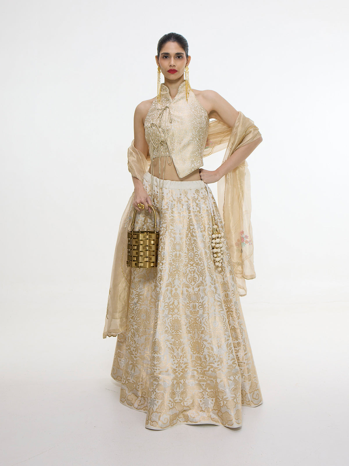 Handwoven Ivory-Gold Lehenga Set